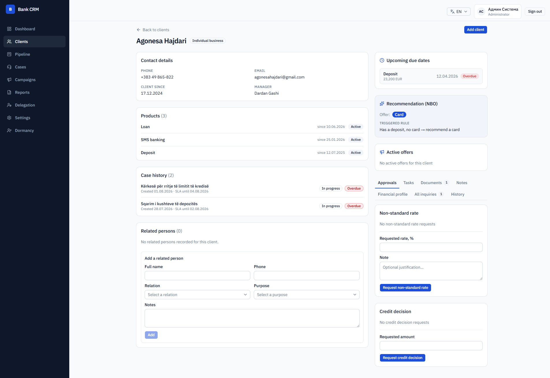 Client record in the Banking CRM demo — contact details, active products, case history and NBO recommendation